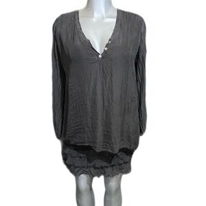 Fairy-Goth Mini Shirt Dress Black Long Sleeve Tiered Henley V Neck Medium Silk